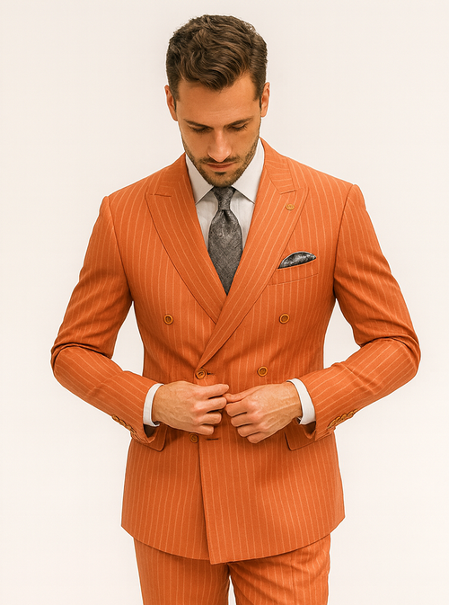 Orange pinstripe men's suit: double-breasted jacket with gold buttons, tailored fit, matching pants. Smooth fabric, formal design, lapels, and a pocket square. A luxurious, eye-catching ensemble.
