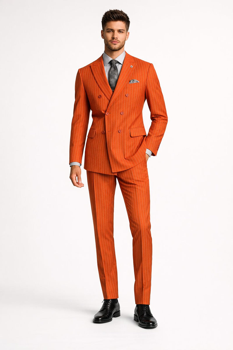Mens Slim Fit Orange Pinstripe Canyon Clay Double Breasted Suit – Modern Designer Formal Suit