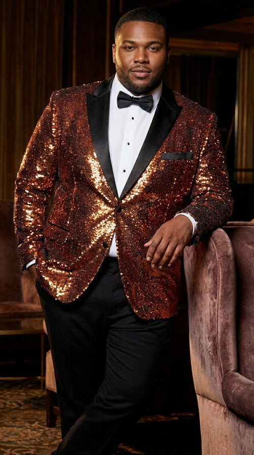 Mens Orange Sequin Blazer Tuxedo Dinner Jacket – Shiny Party Dinner Jacket with Black Lapel for Wedding, Prom, Stage Kingsman Jacket