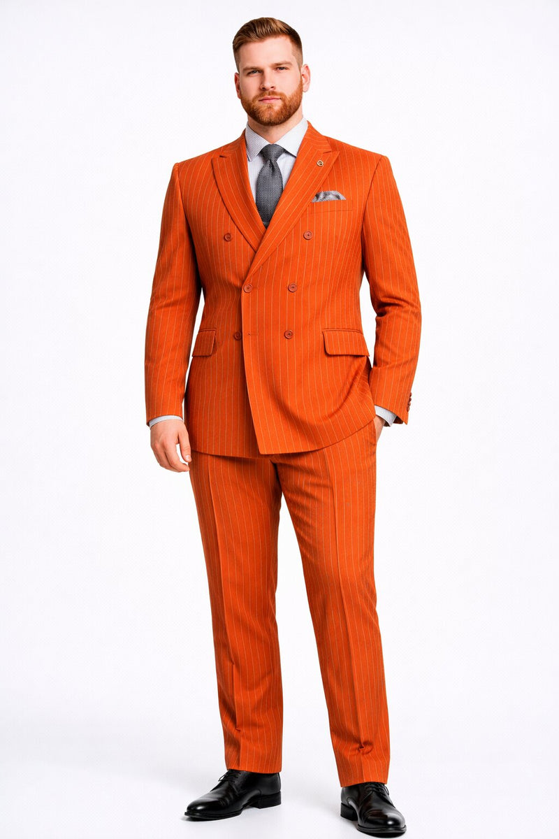 Mens Slim Fit Orange Pinstripe Canyon Clay Double Breasted Suit – Modern Designer Formal Suit