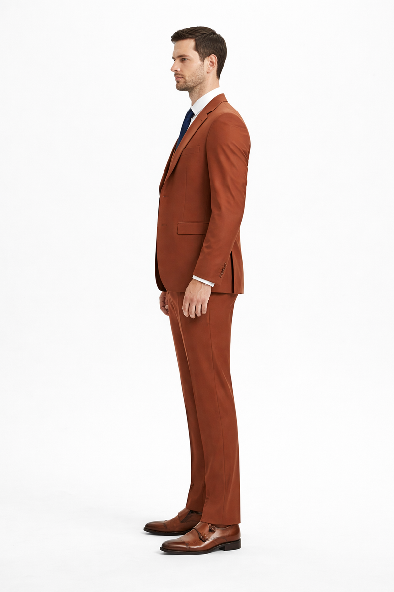 Mens Orangish Rust Brown Three-Piece Suit Slim Fit Jacket, Vest and Tailored Pants in Brick Color
