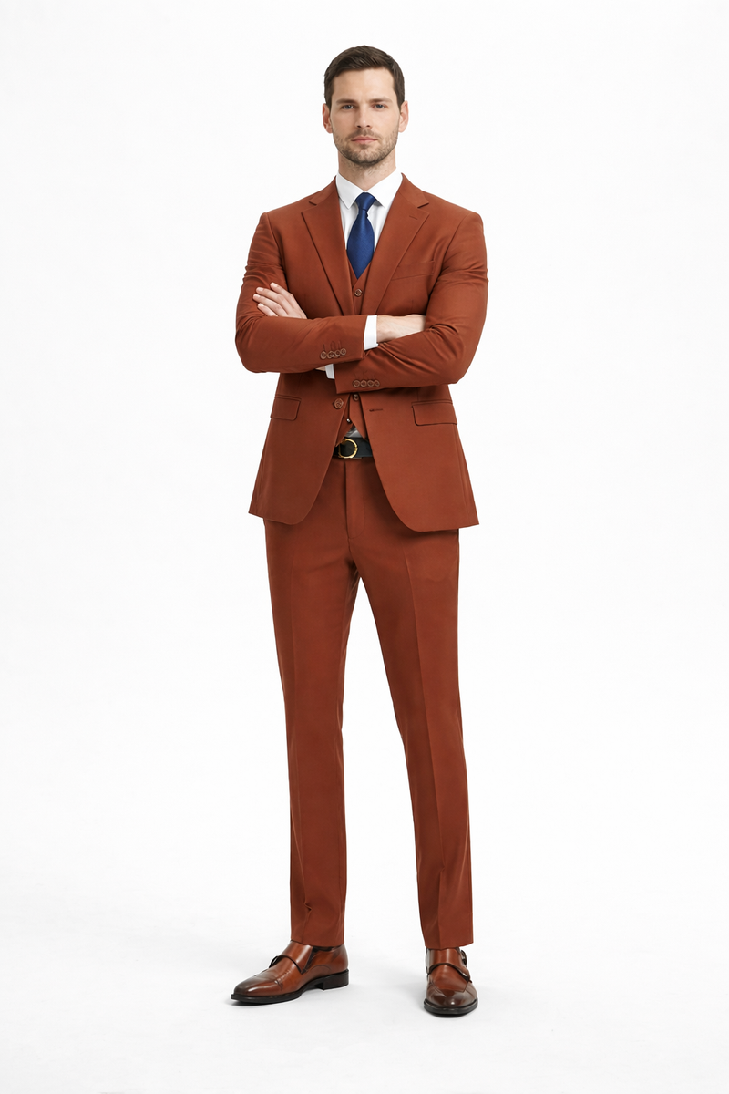 Mens Orangish Rust Brown Three-Piece Suit Slim Fit Jacket, Vest and Tailored Pants in Brick Color