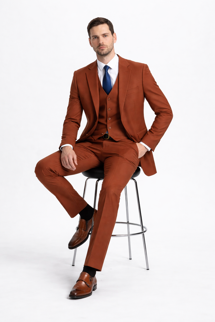 Mens Orangish Rust Brown Three-Piece Suit Slim Fit Jacket, Vest and Tailored Pants in Brick Color