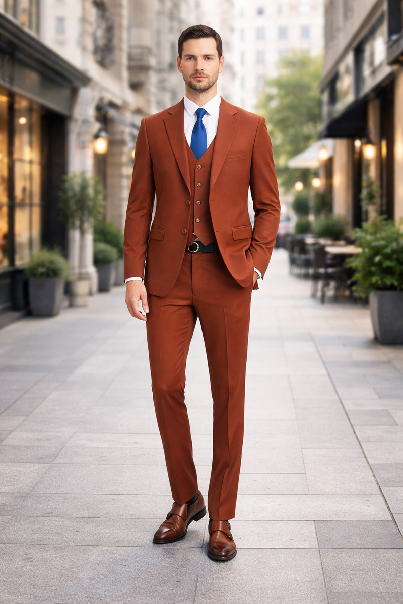 Mens Orangish Rust Brown Three-Piece Suit Slim Fit Jacket, Vest and Tailored Pants in Brick Color