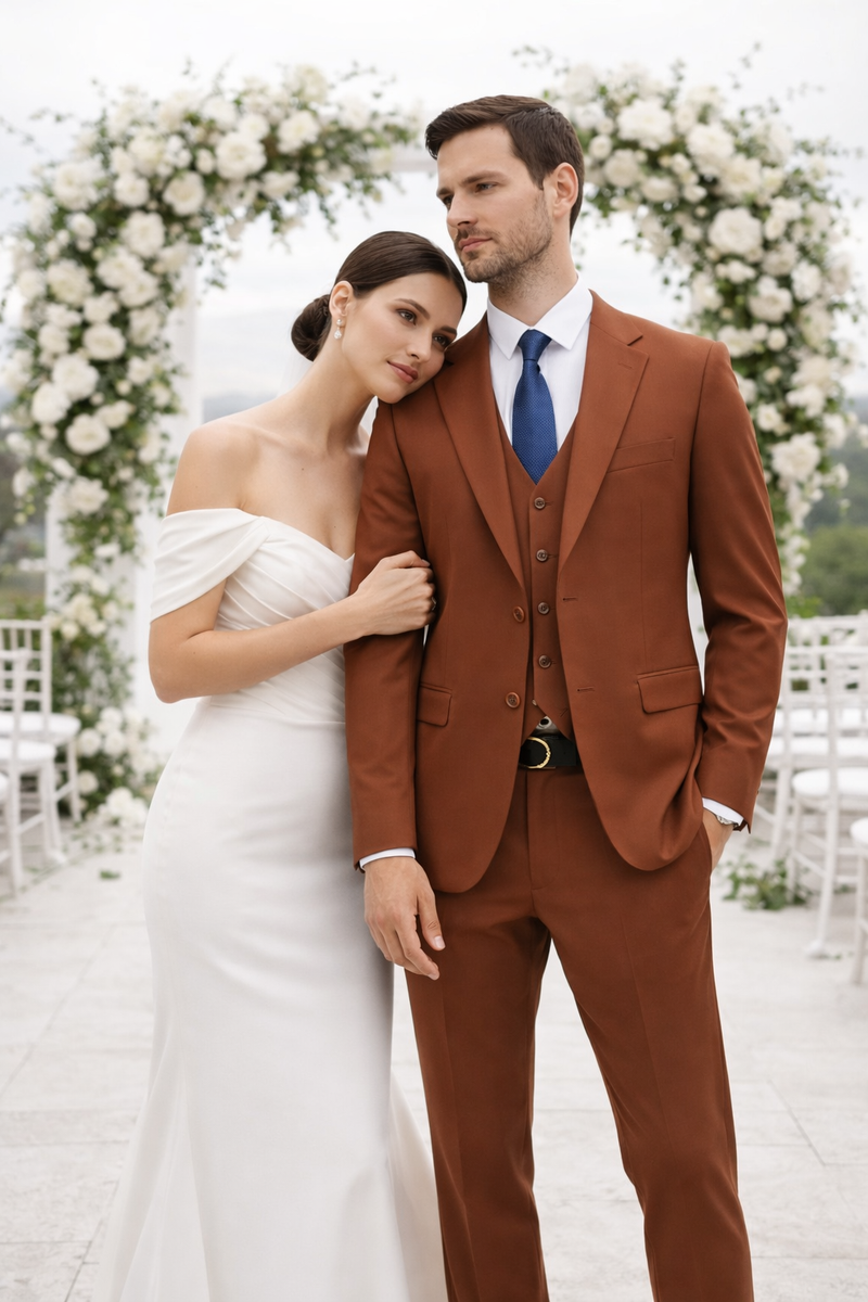Mens Orangish Rust Brown Three-Piece Suit Slim Fit Jacket, Vest and Tailored Pants in Brick Color