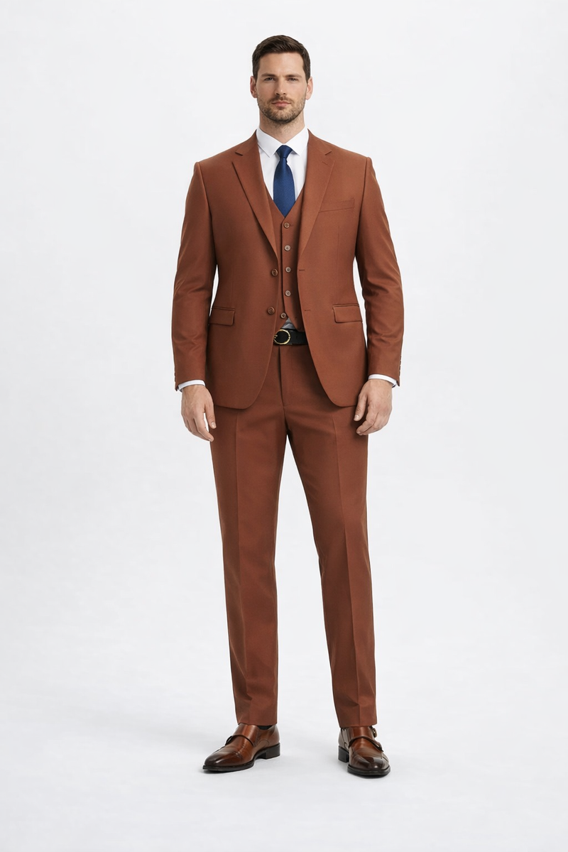 Mens Orangish Rust Brown Three-Piece Suit Slim Fit Jacket, Vest and Tailored Pants in Brick Color