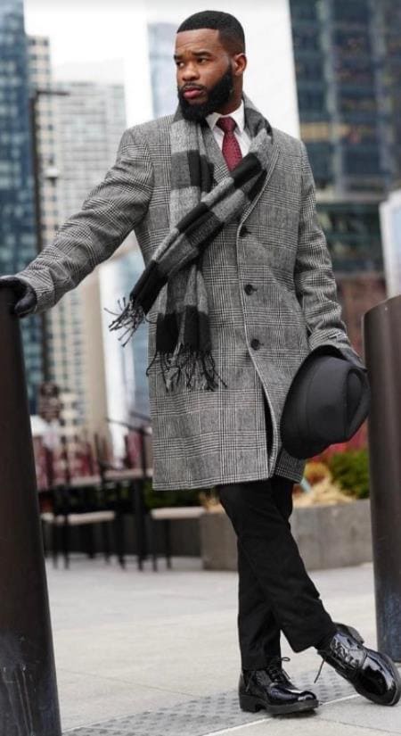 Mens Overcoat - 100% Wool Grey And Black Glen Plaid Carocat - AlbertoNardoniStore