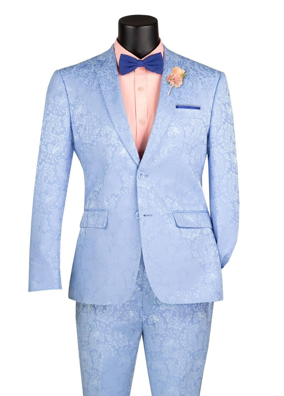 Mens Paisley Party Suit in Light Blue – Slim Fit Formal Style