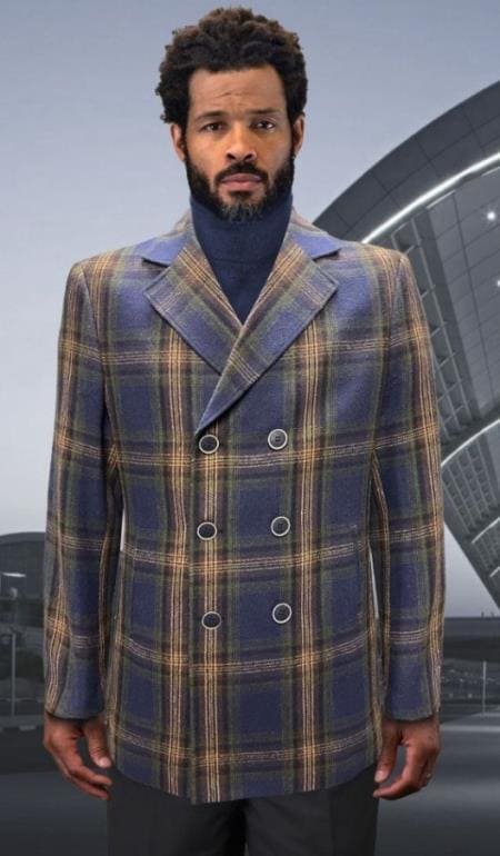 Mens Peacoat - Plaid Overcoats - Wool Carcoat Blue - AlbertoNardoniStore