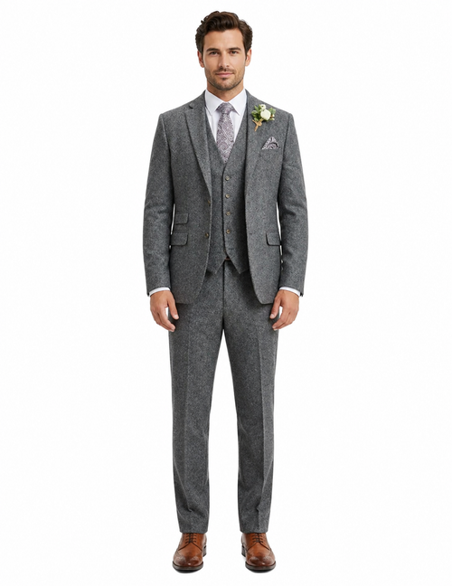 Men’s Peaky Blinder Light Grey Tweed Suit with Vest – Classic Three Piece Formal Suit, Vintage Wedding Business Outfit