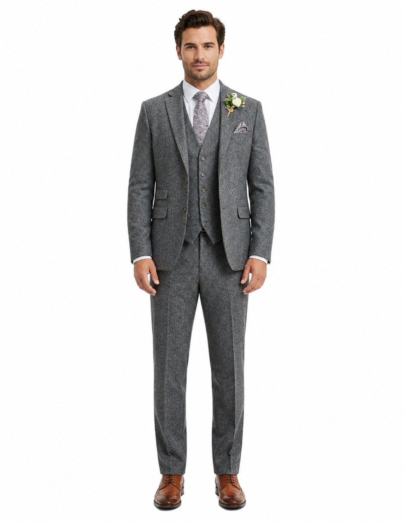 Men’s Peaky Blinder Light Grey Tweed Suit with Vest – Classic Three Piece Formal Suit, Vintage Wedding Business Outfit