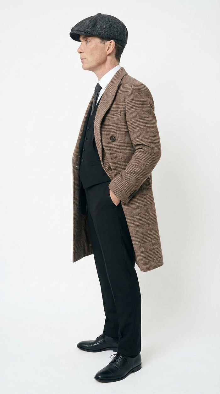 Mens Peaky Blinders Gray Plaid Double Breasted Overcoat + Suit  Peaky Blinders Vintage Wool Blend Coat 1920s