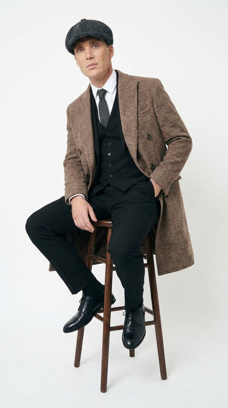 Mens Peaky Blinders Gray Plaid Double Breasted Overcoat + Suit  Peaky Blinders Vintage Wool Blend Coat 1920s