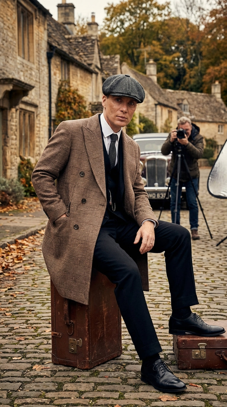 Mens Peaky Blinders Gray Plaid Double Breasted Overcoat + Suit  Peaky Blinders Vintage Wool Blend Coat 1920s