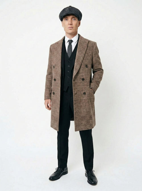 Mens Peaky Blinders Gray Plaid Double Breasted Overcoat + Suit  Peaky Blinders Vintage Wool Blend Coat 1920s