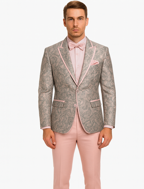 Mens Pink and Grey Floral Tuxedo with Satin Trim â€“ Prom and Wedding Suit with Bow Tie and Flower Pin