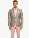Mens Pink and Grey Floral Tuxedo with Satin Trim – Prom and Wedding Suit with Bow Tie and Flower Pin