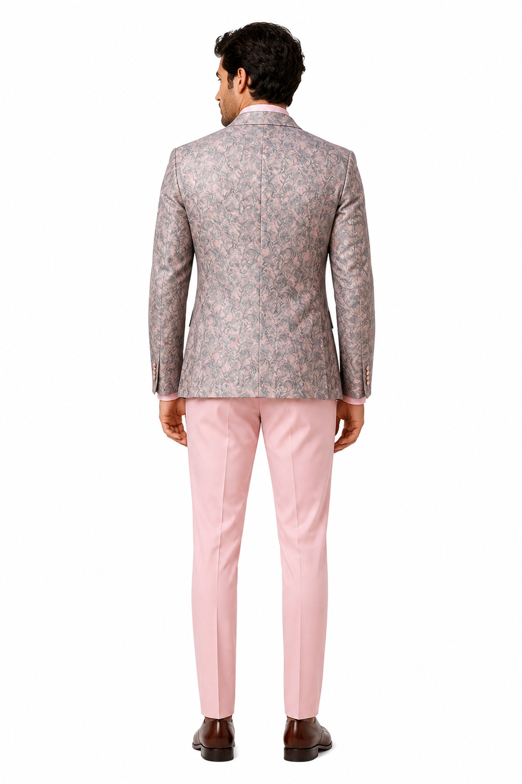 Mens Pink and Grey Floral Tuxedo with Satin Trim â€“ Prom and Wedding Suit with Bow Tie and Flower Pin