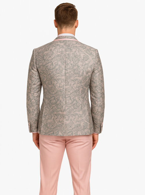 Mens Pink and Grey Floral Tuxedo with Satin Trim – Prom and Wedding Suit with Bow Tie and Flower Pin