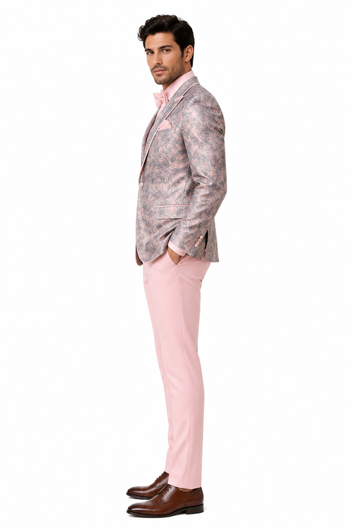 Mens Pink and Grey Floral Tuxedo with Satin Trim â€“ Prom and Wedding Suit with Bow Tie and Flower Pin