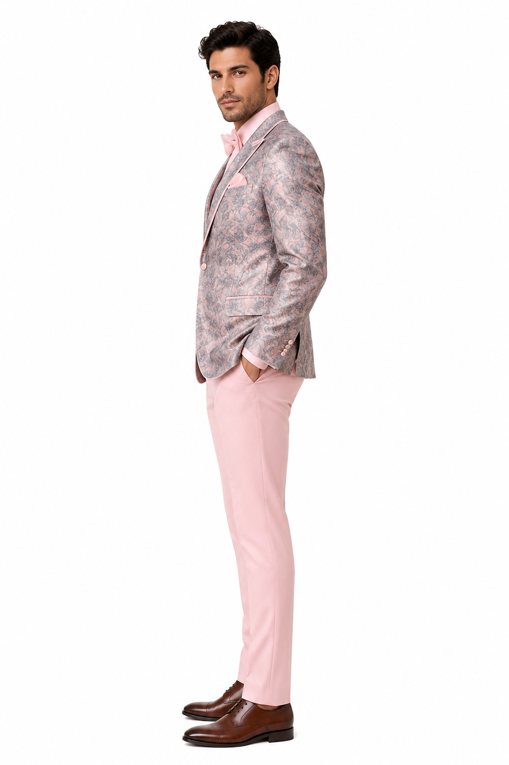 Mens Pink and Grey Floral Tuxedo with Satin Trim â€“ Prom and Wedding Suit with Bow Tie and Flower Pin