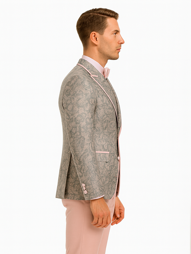Mens Pink and Grey Floral Tuxedo with Satin Trim – Prom and Wedding Suit with Bow Tie and Flower Pin