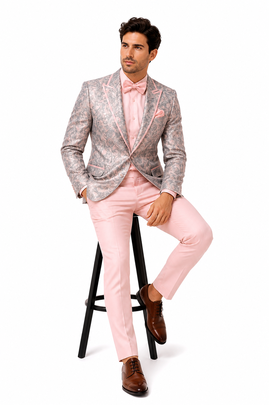 Mens Pink and Grey Floral Tuxedo with Satin Trim â€“ Prom and Wedding Suit with Bow Tie and Flower Pin