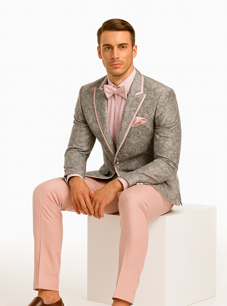 Mens Pink and Grey Floral Tuxedo with Satin Trim – Prom and Wedding Suit with Bow Tie and Flower Pin