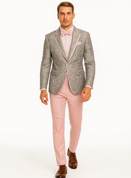 Mens Pink and Grey Floral Tuxedo with Satin Trim â€“ Prom and Wedding Suit with Bow Tie and Flower Pin