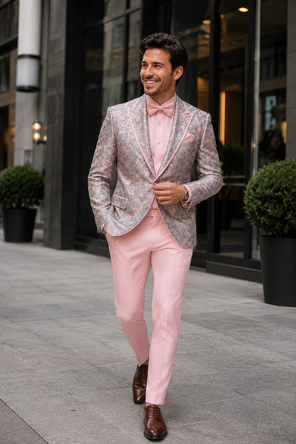 Mens Pink and Grey Floral Tuxedo with Satin Trim â€“ Prom and Wedding Suit with Bow Tie and Flower Pin