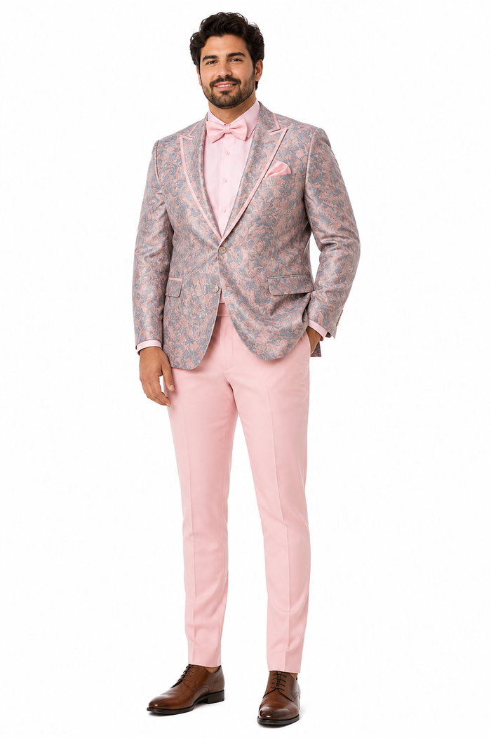 Mens Pink and Grey Floral Tuxedo with Satin Trim â€“ Prom and Wedding Suit with Bow Tie and Flower Pin
