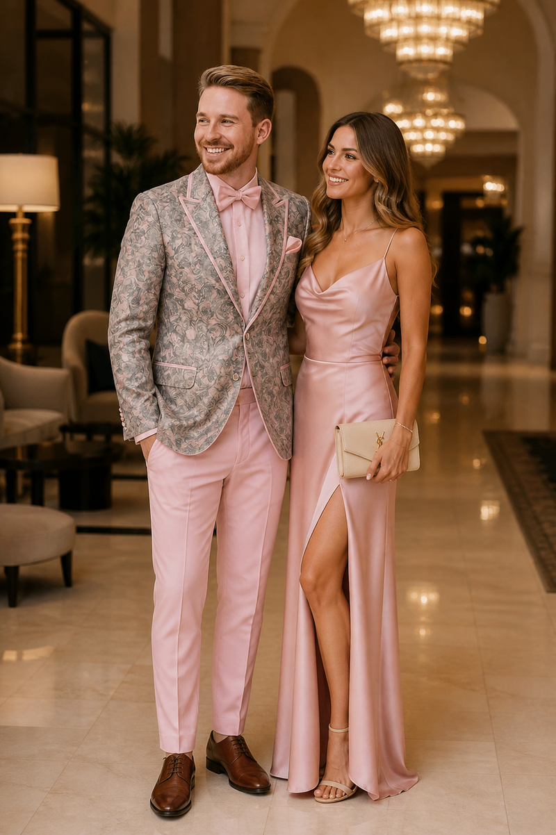 Mens Pink and Grey Floral Tuxedo with Satin Trim â€“ Prom and Wedding Suit with Bow Tie and Flower Pin