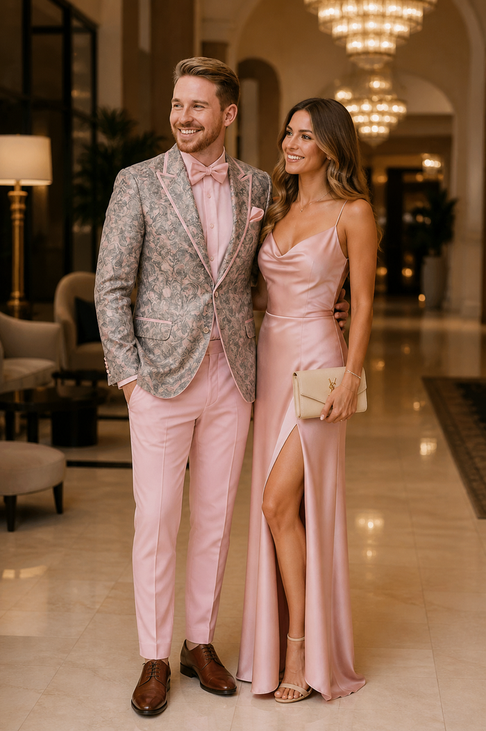 Mens Pink and Grey Floral Tuxedo with Satin Trim â€“ Prom and Wedding Suit with Bow Tie and Flower Pin