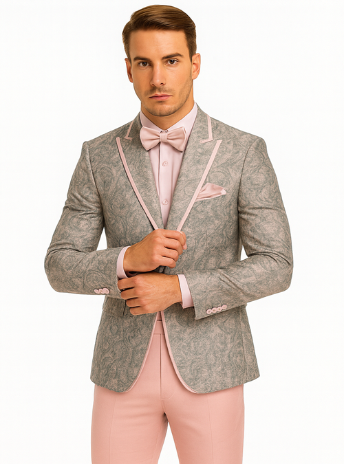 Mens Pink and Grey Floral Tuxedo with Satin Trim â€“ Prom and Wedding Suit with Bow Tie and Flower Pin