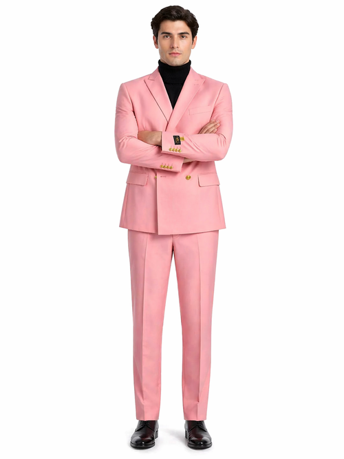 Mens Pink Double-Breasted Suit with Gold Buttons