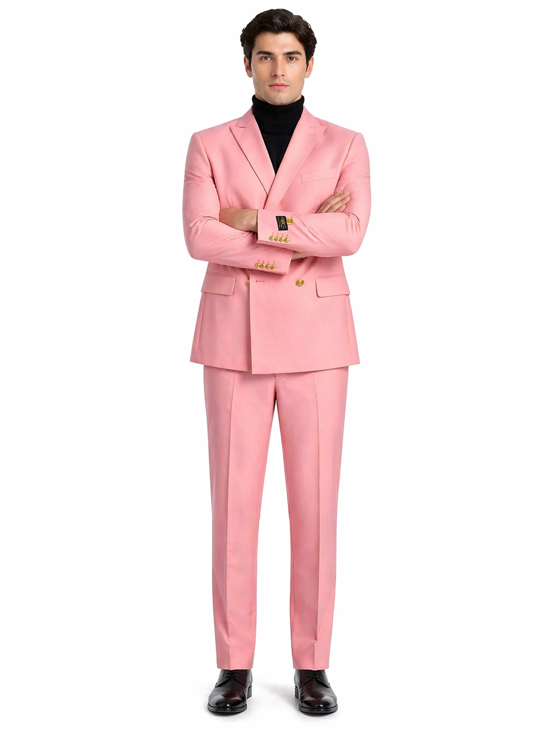 Mens Pink Double-Breasted Suit with Gold Buttons
