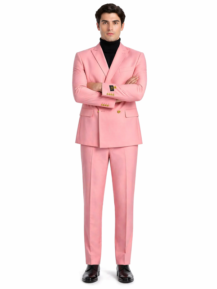Mens Pink Double-Breasted Suit with Gold Buttons