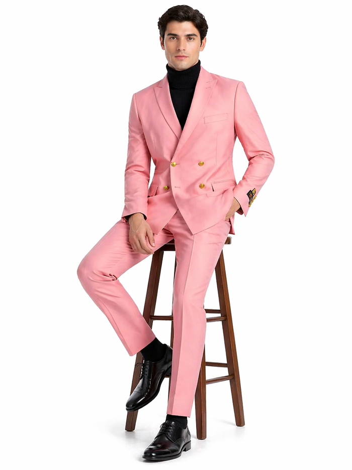 Mens Pink Double-Breasted Suit with Gold Buttons