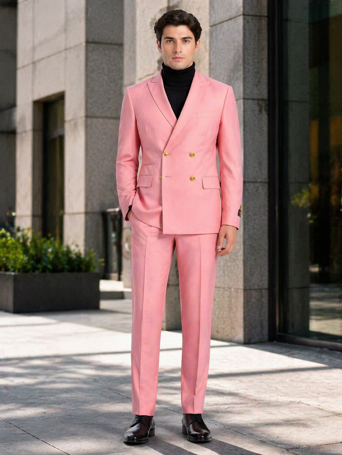 Mens Pink Double-Breasted Suit with Gold Buttons