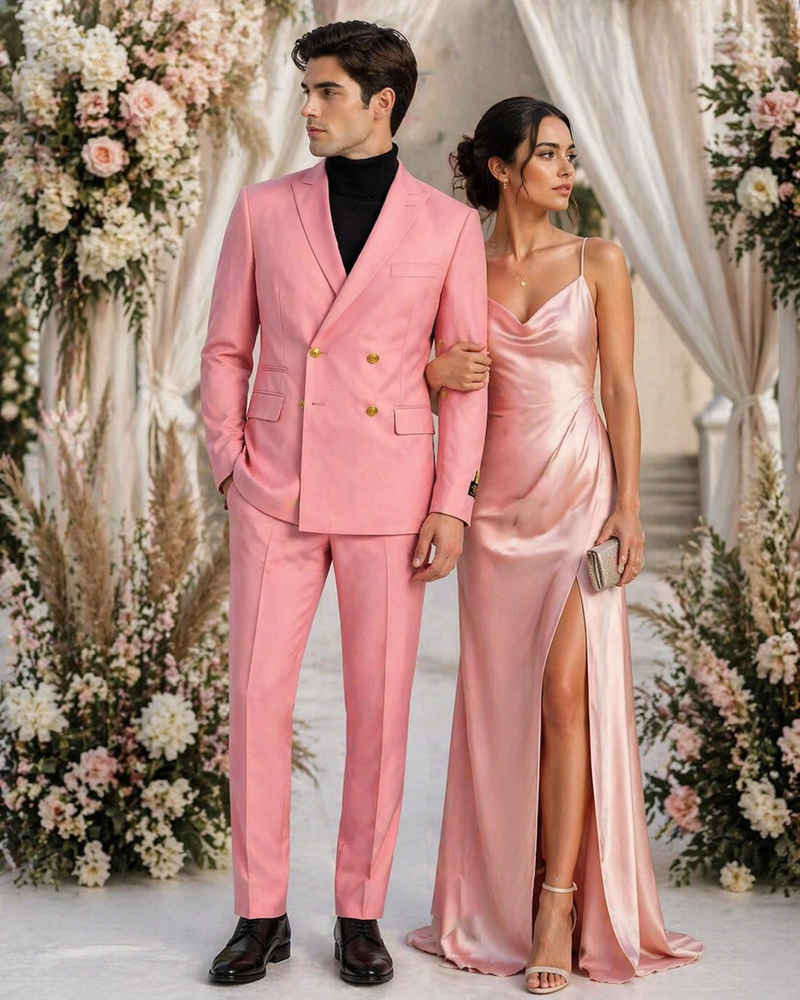 Mens Pink Double-Breasted Suit with Gold Buttons