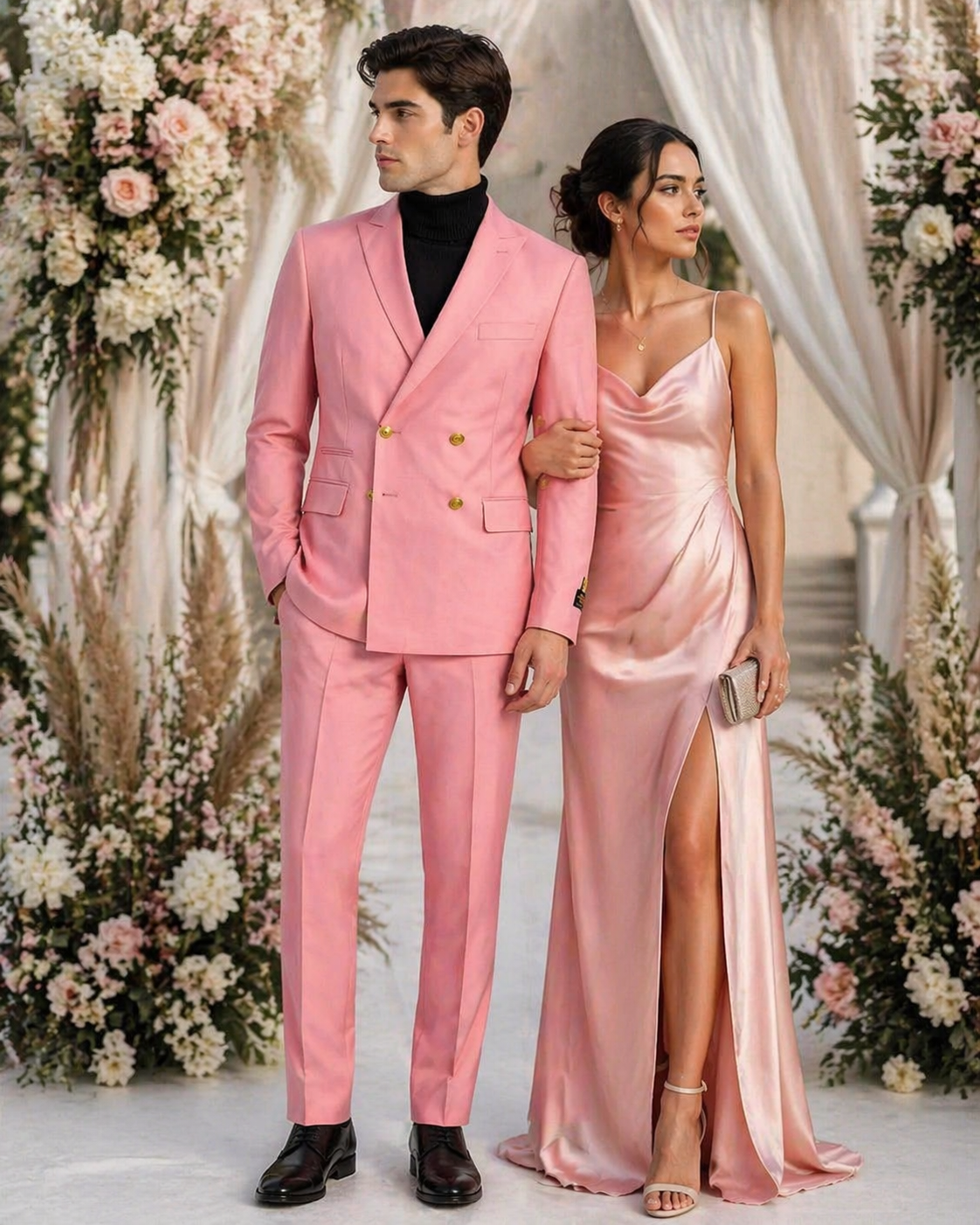 Mens Pink Double-Breasted Suit with Gold Buttons