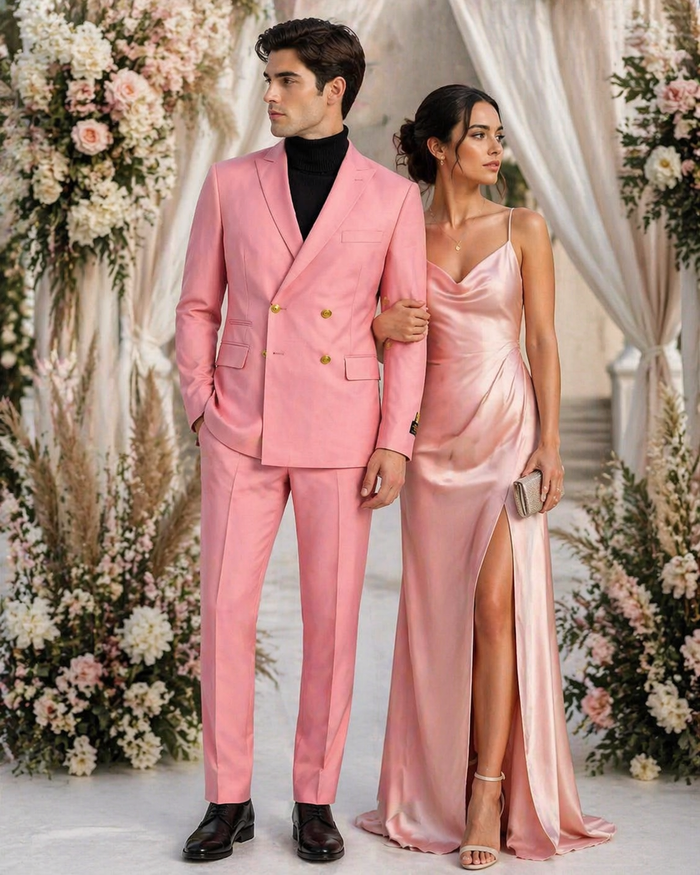 Mens Pink Double-Breasted Suit with Gold Buttons