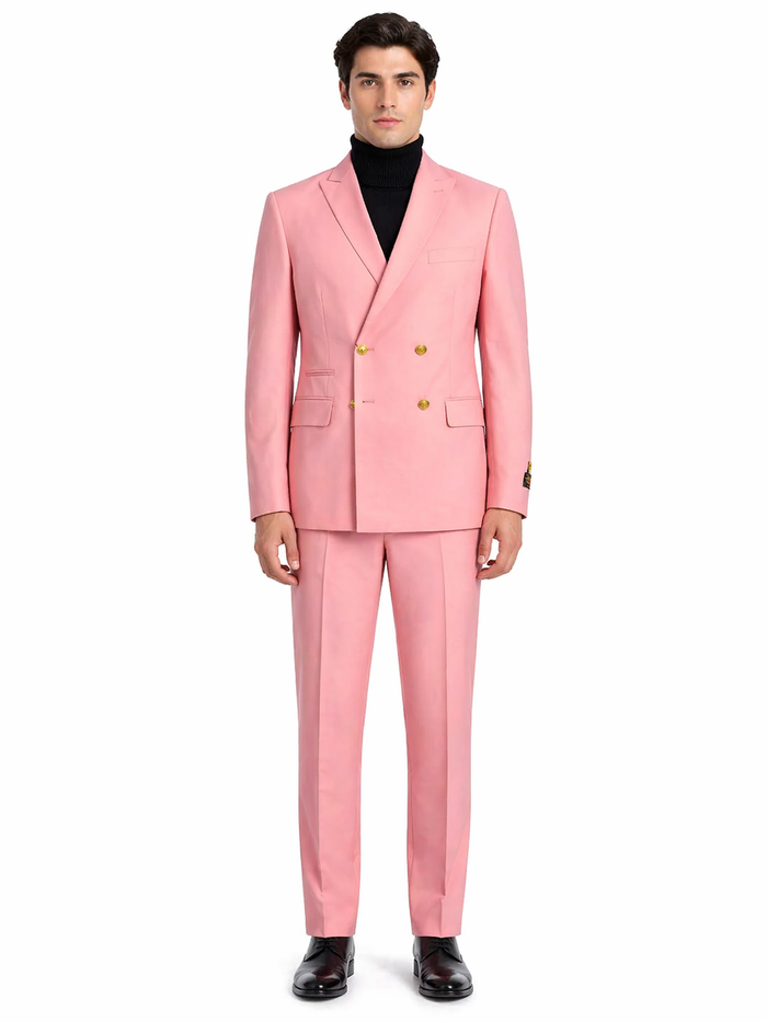 Mens Pink Double-Breasted Suit with Gold Buttons