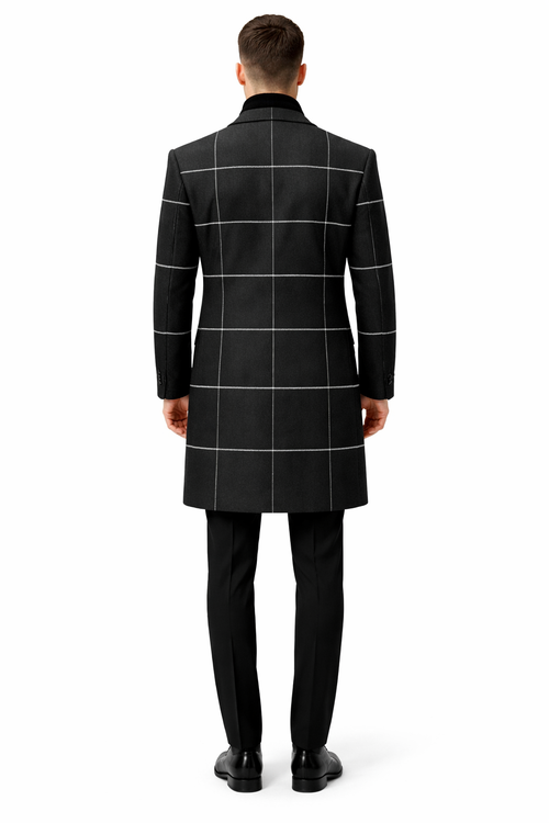 Mens Plaid Overcoat - Houndstooth Checker Pattern Topcoat - Black