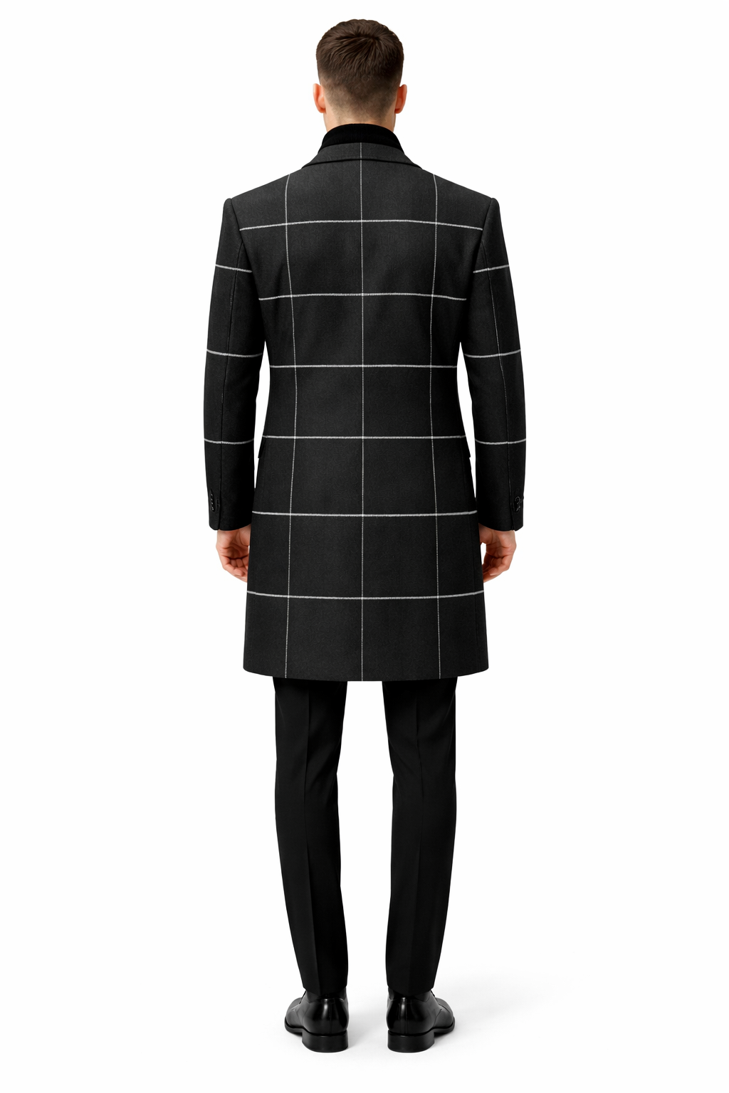 Mens Plaid Overcoat - Houndstooth Checker Pattern Topcoat - Black