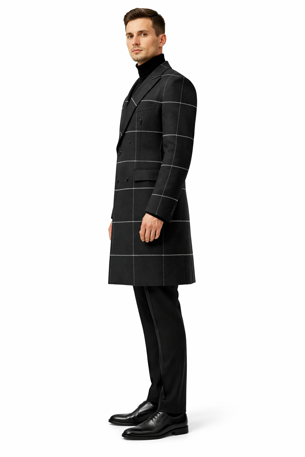 Mens Plaid Overcoat - Houndstooth Checker Pattern Topcoat - Black