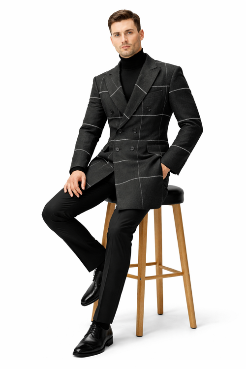 Mens Plaid Overcoat - Houndstooth Checker Pattern Topcoat - Black