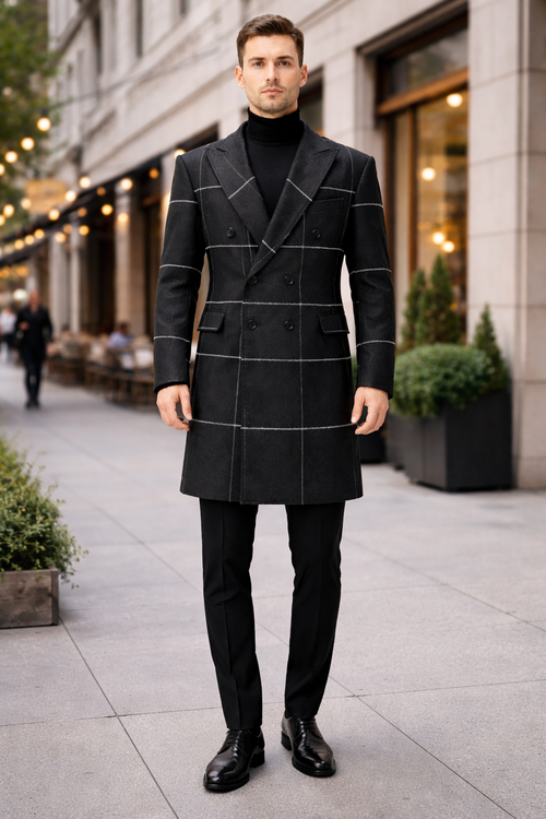 Mens Plaid Overcoat - Houndstooth Checker Pattern Topcoat - Black