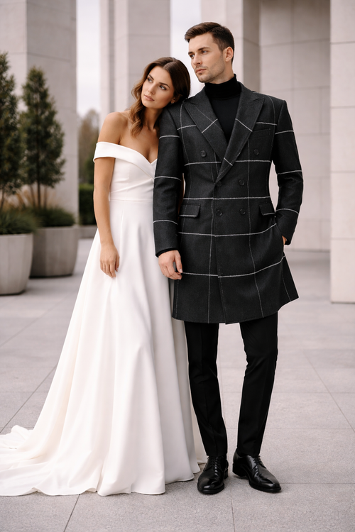 Mens Plaid Overcoat - Houndstooth Checker Pattern Topcoat - Black