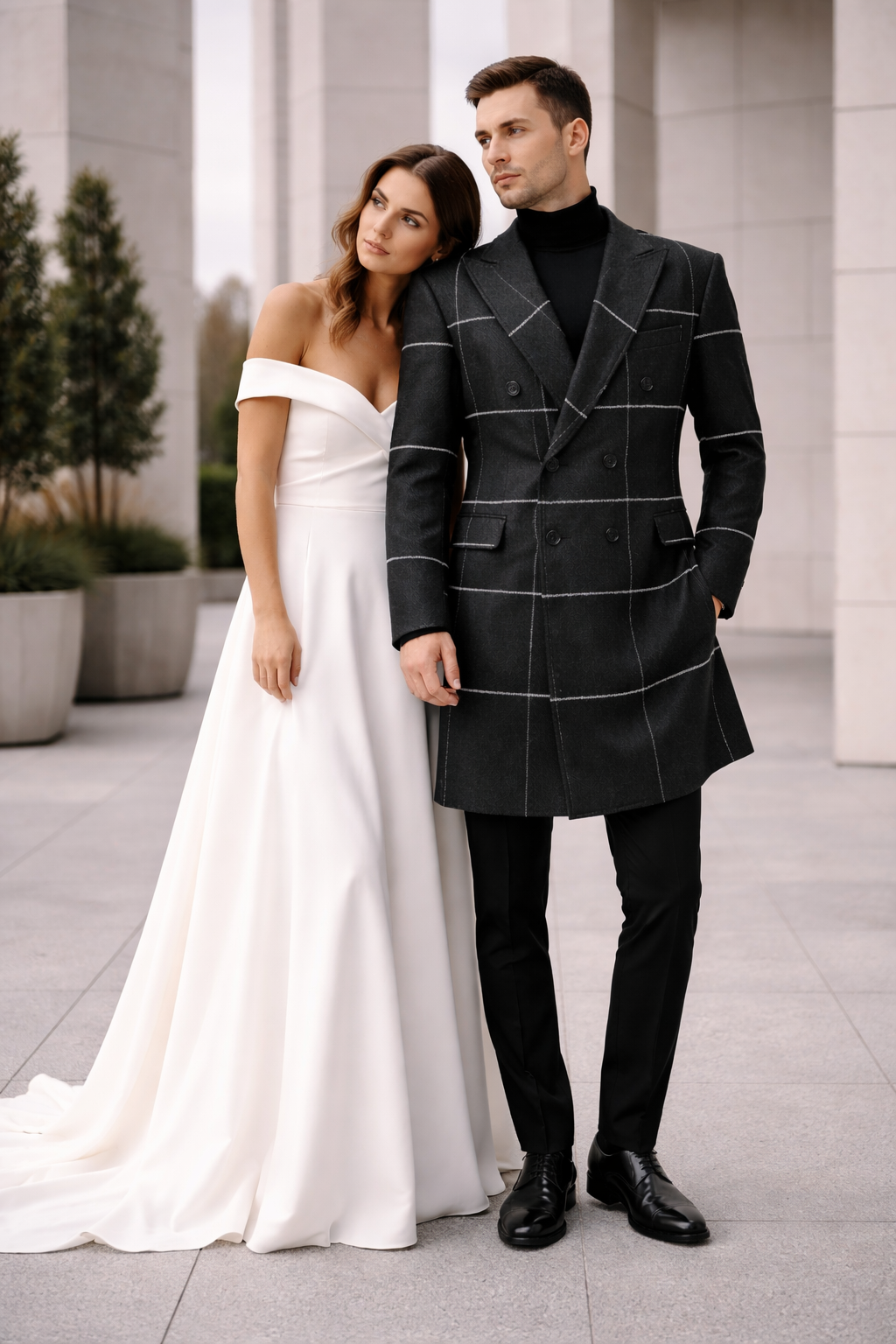 Mens Plaid Overcoat - Houndstooth Checker Pattern Topcoat - Black